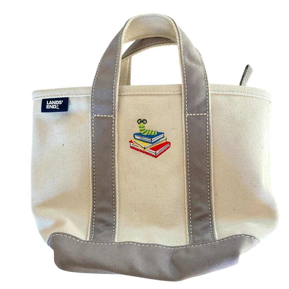 Lands End Cream & Gray Small Canvas Tote Bookworm Bag Double Handles Zip